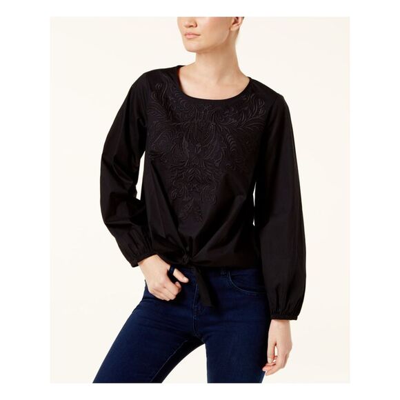 INC Tops - INC Womens Black Embellished Floral Long Sleeve Scoop Neck Tunic Top L